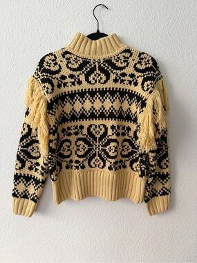 English Factory Black and Mustard Patterned Turtleneck Sweater with Fringe